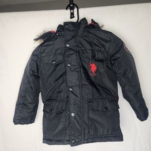 US Polo Assn Red & Black Faux Fur Hooded Coat Jacket USPA Size 5/6 Puffer Style